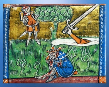 D'après Excalibur, à la mort d'Arthur, le chevalier Girflet ou Jaufré rend l'épée à la Dame du Lac, Roman du Saint Graal, 1316 apjc. (Marsailly/Blogostelle)