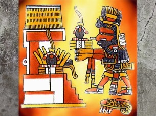 D'après le codex Borgia, Xiuhtecuhtli, dieu aztèque du Feu, Mésoamérique. (Marsailly/Blogostelle)