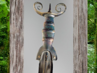 D'après une épée à antennes, bronze moulé, Xe siècle avjc, Neuchâtel, fin de âge du Bronze-début âge du Fer, art Celte. (Marsailly/Blogostelle)