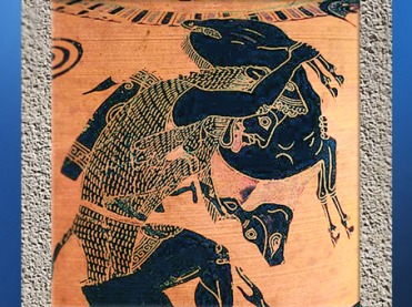 D'après Héraclès et le sanglier d'Érymanthe, céramique à figures noires, 520-510 avjc, avjc, Athènes, Grèce antique. (Marsailly/Blogostelle)