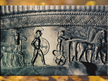 D'après la frise de guerriers, bronze, cratère de la tombe celte de Vix, Ve siècle avjc, Bourgogne, fin Hallstatt-La Tène, âge du Fer. (Marsailly/Blogostelle)