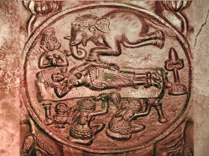 D'après La Descente du bienheureux, médaillon sculpté, Ier siècle avjc, stûpa de Bharhût, Madhya Pradesh, Nord, Inde ancienne. (Marsailly/Blogostelle)