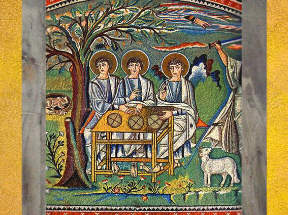 D'après le thème biblique de l'épisode du Chêne de Mambré et le Mystère de la Trinité, mosaïque, basilique Saint-Vital (Ravenne), VIe siècle, Italie. (Marsailly/Blogostelle)