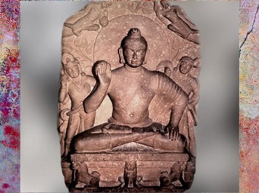 D'après Buddha devant l’arbre pipal, grès rouge, Sarnâth, fin Ie siècle apjc, Kushâna sous le règne de Kanishka, Uttar Pradesh, Inde du Nord. (Marsailly/Blogostelle)