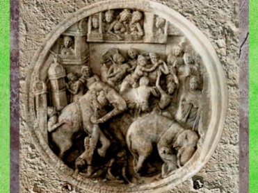 D'après Buddha et l'éléphant furieux, IIe -deb IIIe siècle apjc, école d'Amarâvatî, Andhra Pradesh, Inde du Sud. (Marsailly/Blogostelle)