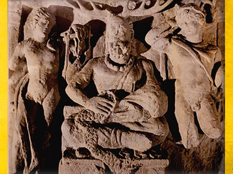 D'après Cernunnos à coiffe de cerf, entre Apollon et Mercure, relief, Ier-IIIe siècle apjc, Gaule Romaine. (Marsailly/Blogostelle)