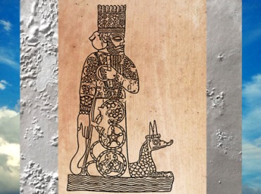 D'après un sceau-cylindre babylonien, Marduk ou son fils Nabû et leur emblématique dragon-serpent cornu, Mésopotamie. (Marsailly/Blogostelle)