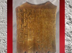 D'après une barbe votive en or, dédicace d'une reine d'Umma pour la vie de son époux Gishakidou, vers 2400 avjc, époque des dynasties archaïques sumériennes, Mésopotamie. (Marsailly/Blogostelle)