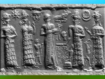D'après une scène d'épiphanie des Dieux, empreinte de sceau, vers 1894 avjc-1595 avjc, première dynastie de Babylone, Mésopotamie. (Marsailly/Blogostelle)