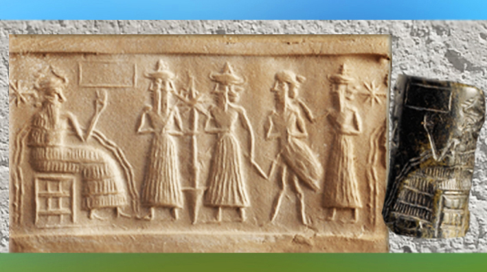 D’après le dieu Ea des Flots (sumérien EnKi) sur son trône, dieu de l'Abîme et des Eaux Douces, sceau-cylindre, vers 2340-2200 avjc, époque d'Agadé, Mésopotamie. (Marsailly/Blogostelle)