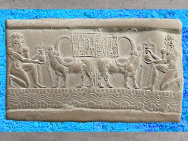 D'après le sceau du roi de Sharkalisharri, des buffles sont abreuvés vers 2340 avjc - 2200 avjc, dynastie d'Akkad, période d'Agadé, Mésopotamie. (Marsailly/Blogostelle)