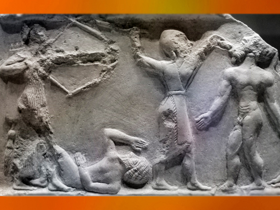 D'après une stèle de Victoire, détail des anatomies, vers 2300-2250 avjc, antique Girsu-Tello, actuel Irak, Mésopotamie. (Marsailly/Blogostelle)