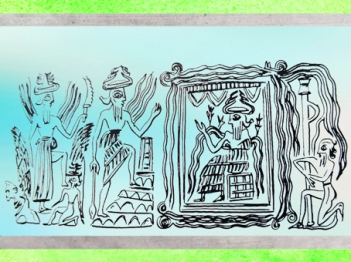 D’après le dieu Ea des Eaux Douces sur son trône, détail, cylindre d'Ur, vers 2300-2200 avjc, époque d'Agadé, Mésopotamie. (Marsailly/Blogostelle)
