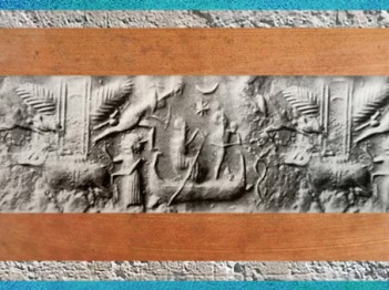D’après un dieu-bateau et temple ailé, empreinte de sceau, vers 2300 avjc, période d’Agadé, Mésopotamie. (Marsailly/Blogostelle)