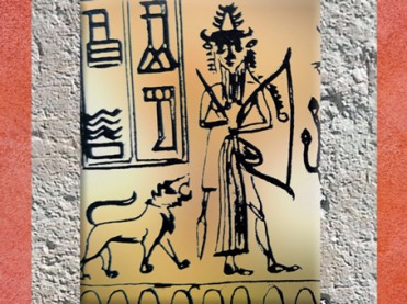 D’après une image du Dieu Guerrier avec son Arc, détail, sceau du scribe Adda, vers 2300 avjc, période d’Agadé, Mésopotamie. (Marsailly/Blogostelle)