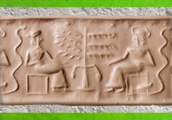 D’après une adoratrice et son dieu auprès de l’Arbre de Sacré, empreinte de sceau (dit d’Adam et Ève au XIXe siècle), vers 2200 – 2100 avjc, époque néo-sumérienne, Mésopotamie. (Marsailly/Blogostelle)