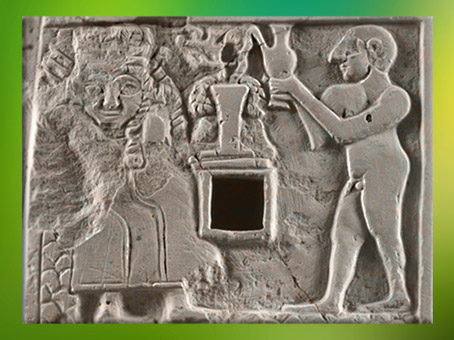 D'après une scène de Libation à la Déesse, relief votif, vers 2500 avjc, Girsu-Tello, Irak. (Marsailly/Blogostelle)