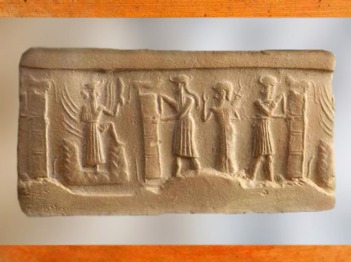 D’après des personnages qui mènent un orant auprès du dieu solaire Shamash sortant de sa montagne, vers 2340 - 2200 avjc, période d’Agadé, Mésopotamie. (Marsailly/Blogostelle)