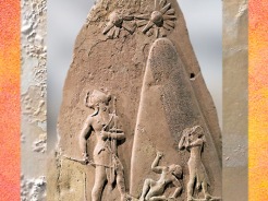D’après la stèle de victoire de Naram-Sîn, roi d'Akkad, détail, symboles célestes, vers -2250 ans avjc, période Agadé, Mésopotamie. (Marsailly Blogostelle)