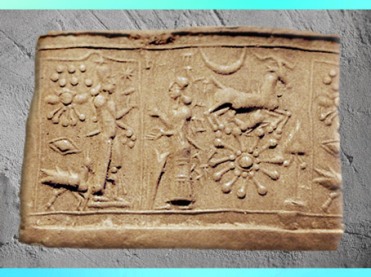 D’après le monde céleste des dieux et la roue solaire, sceau-cylindre, IVe-IIIe millénaire, Mésopotamie. (Marsailly/Blogostelle)