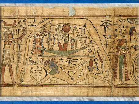 D’après le mythe de Rê, qui navigue entre Geb, et Nout, la Terre et le Ciel, papyrus de Nespakachouty, vers 1089-946 avjc, XXIe dynastie, Égypte ancienne. (Marsailly/Blogostelle)