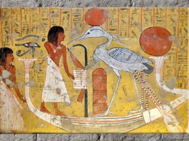 D'après le défunt Irynefer sur la barque avec l'oiseau benou, Deir el-Médineh, période ramesside, Nouvel Empire, Égypte Ancienne. (Marsailly/Blogostelle)