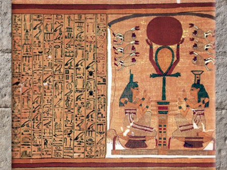 D'après les déesses Isis et Nephtys, pilier Djed, Ankh, disque solaire, papyrus d'Ani, XIXe dynastie, Thèbes, Nouvel Empire, Égypte Ancienne. (Marsailly/Blogostelle)