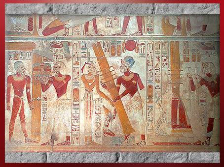 D’après la déesse Isis, Osiris et le pilier Djed, temple du roi Sethi Ier, Abydos, XIXe dynastie, Nouvel Empire, Égypte Ancienne. (Marsailly/Blogostelle)