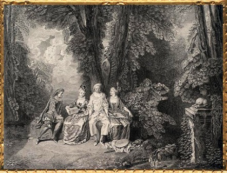 D’après Les Jaloux, Antoine Watteau, gravure de Scotin, XVIIIe siècle apjc, période Rocaille. (Marsailly/Blogostelle)