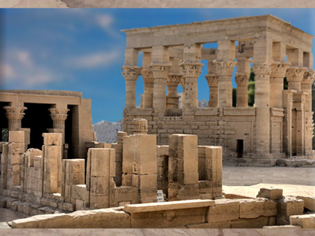 D'après le temple d'Hadrien et le kiosque de Trajan, Philae, époque romaine, Aguilkia, Assouan, Égypte Ancienne. (Marsailly/Blogostelle)