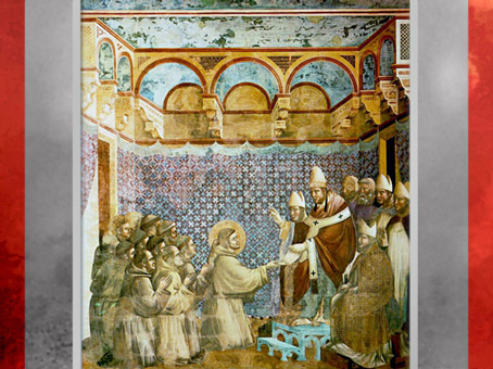 François obtient l'approbation du pape Innocent III pour la règle des Frères mineurs, Giotto vers 1295, église supérieure de San Francesco d'Assise, Ombrie, XIIIe siècle, période médiévale. (Marsailly/Blogostelle)