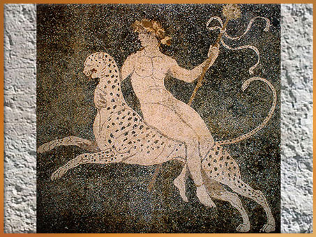 D'après Dionysos (Bacchus), dieu du vin, de la musique, de la danse, de la démesure, mosaïque, maison de Dionysos, 330 -300 avjc, Pella, Grèce, art antique. (Marsailly/Blogostelle)