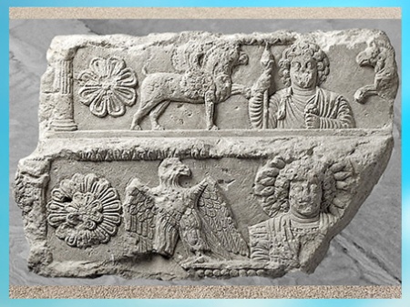 D'après Malakbêl, ange de Baal, et l'aigle solaire, linteau, calcaire, temple de Baal, Ier- IIIe siècle, antique Palmyre, Syrie. (Marsailly/Blogostelle)