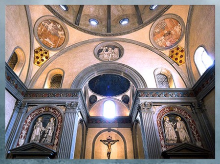 D’après Vieille sacristie, San Lorenzo, chapelle Médicis, Filippo Brunelleschi, 1420-1428, Florence, Quattrocento, Renaissance italienne. (Marsailly/Blogostelle)