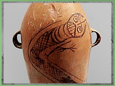 D'après le motif glouton-dragon, détail, bouteille, terre cuite peinte, Yangshao, 5000- 2500 avjc, néolithique, Chine ancienne. (Marsailly-Blogostelle)