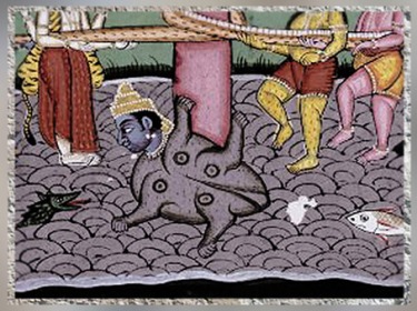 D’après Vishnu-tortue supportant le mont Mandara, Barattage de la Mer de Lait, peinture sur papier, 1800, Maharashtra, Inde ancienne. (Marsailly/Blogostelle) 