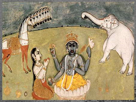 D’après le cheval et l'éléphant blancs émergeant du Barattage de la Mer de Lait, miniature hindoue, gouache sur papier, Rajasthan, XVIIIe siècle, Inde ancienne. (Marsailly/Blogostelle)