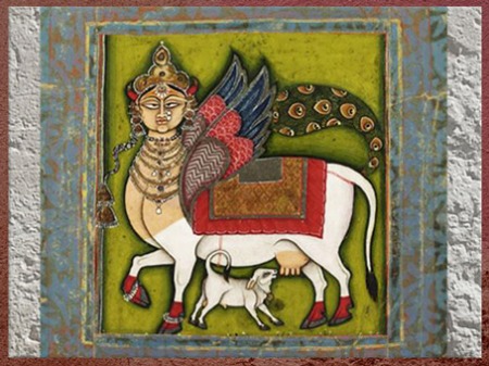 D’après la Vache d'abondance Kamadhenu, aquarelle anonyme, vers 1825-1855, Jodhpur, Rajasthan, XIXe siècle, Inde ancienne. (Marsailly/Blogostelle)